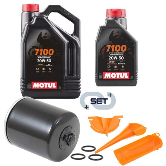 Motul 7100 4T 20W50 5L eļļa ar K&N® premium eļļas filtru (melns) un piltuvju komplektu